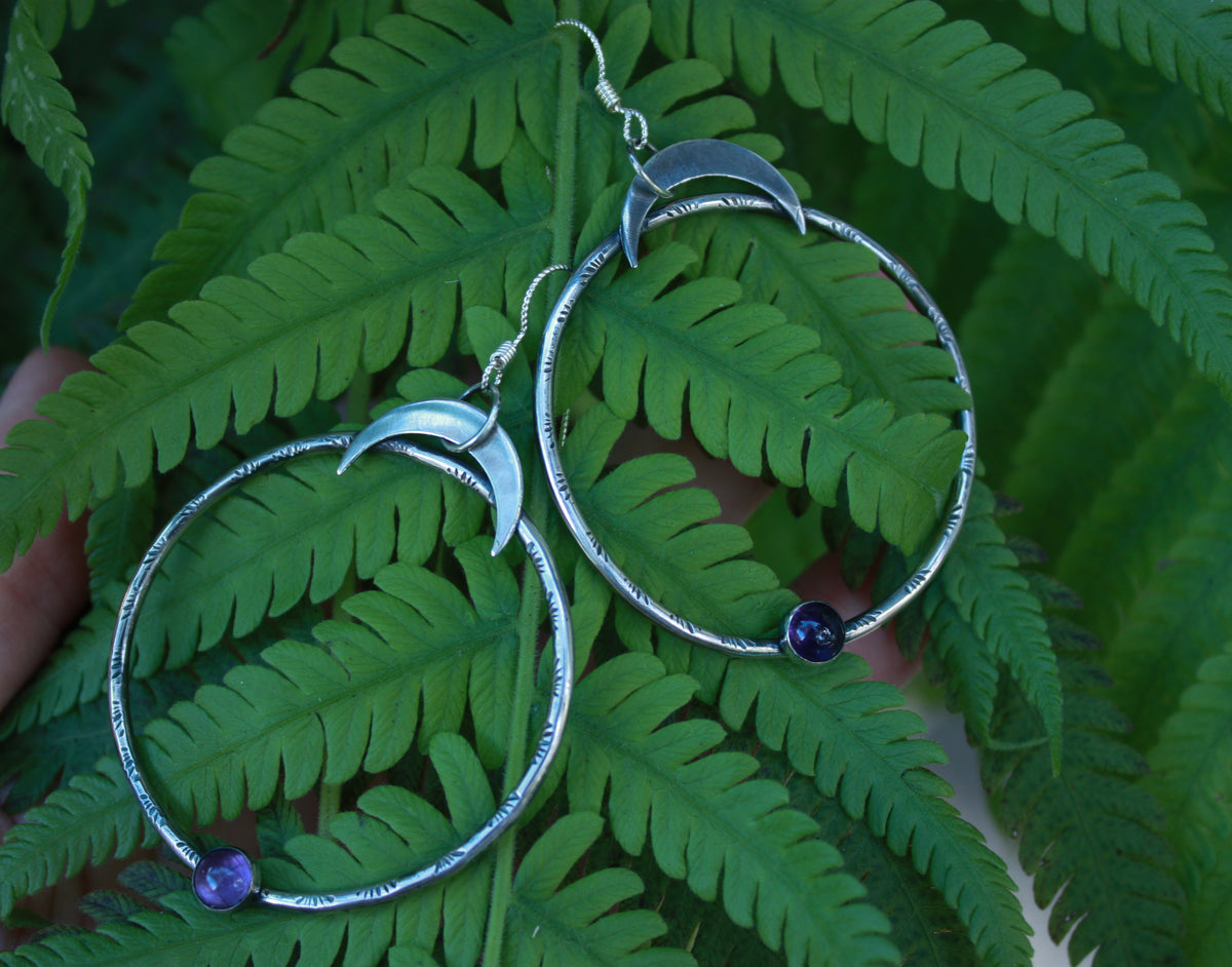 Crescent Moon Amethyst Hoops